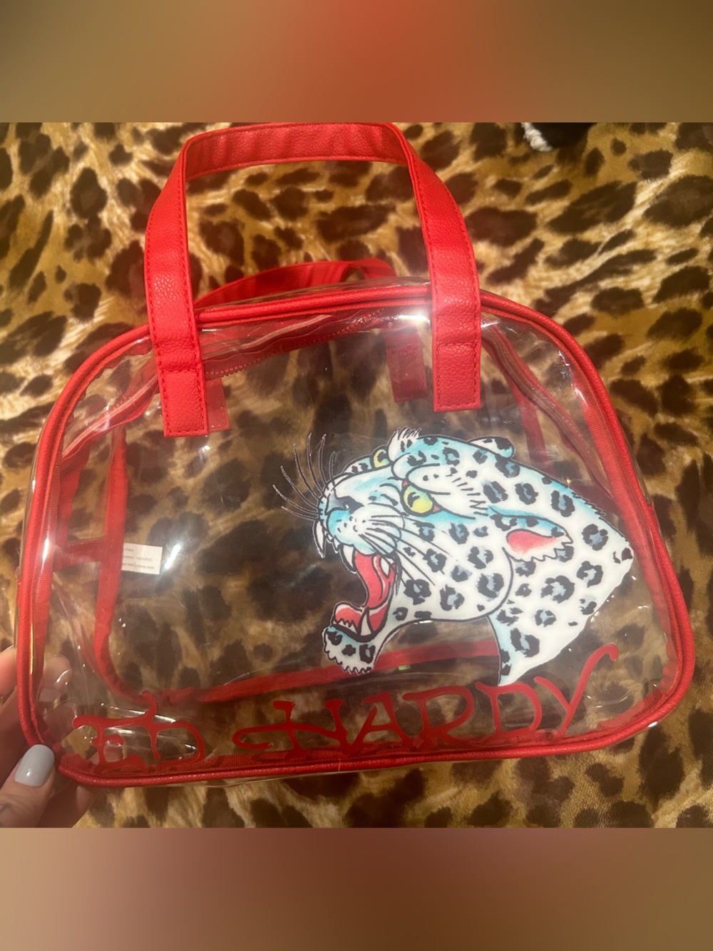 ed hardy Clear Red-Trim Tote with Colorful Leopard Graphic